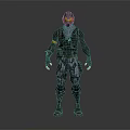 Game Movie Character In Armored Suit With Orange Visor And Tactical Gear