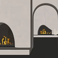 Modern Fireplace With Burning Flames In White Arched Interior Design Space 3d model