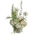 Elegant White Flowers in Glass Vase with Hydrangea Lotus-like Blooms Green Leaves Hanging