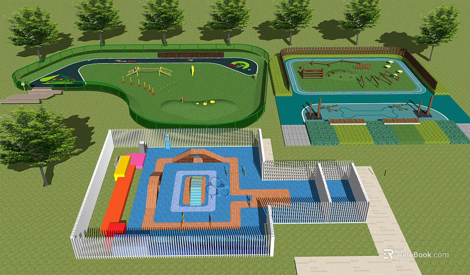 Colorful Outdoor Children's Playground Water Park With Green Area Play Structures Trees And Fence 3d model 