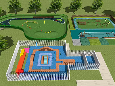 Colorful Outdoor Children's Playground Water Park With Green Area Play Structures Trees And Fence 3d model