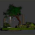 Cartoon Scene Featuring Round Pond Green Grass Big Tree Stone Pillars And Lanterns