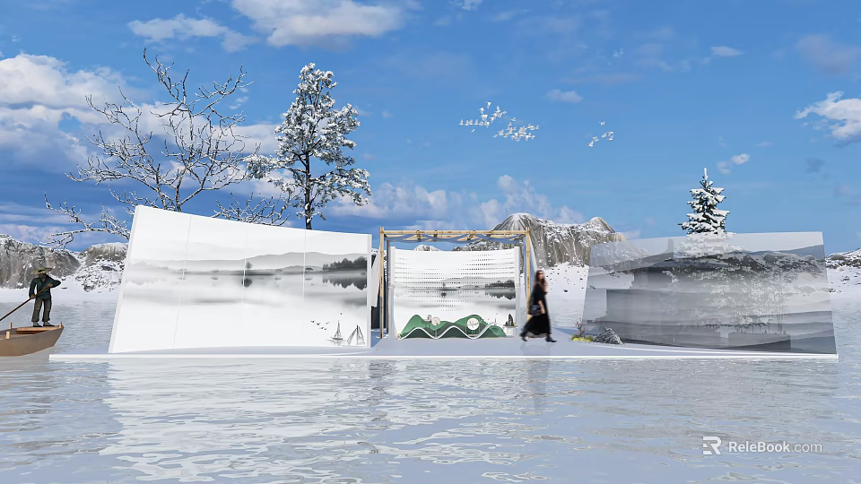 Snowy Landscape With Ice Structure Person Walking Snow Covered Trees Blue Sky And Water Reflection 3d model 