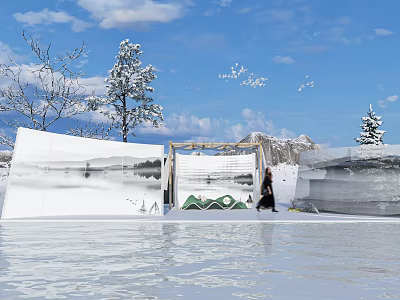 Snowy Landscape With Ice Structure Person Walking Snow Covered Trees Blue Sky And Water Reflection 3d model
