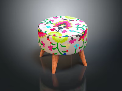 Colorful Floral Pattern Sofa Stool With Wooden Legs For Home Decor 3d model