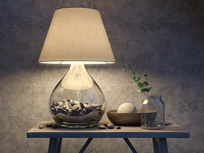 Table Lamp with Glass Base Fabric Shade Pebbles on Wooden Table and Green Plant 3d model