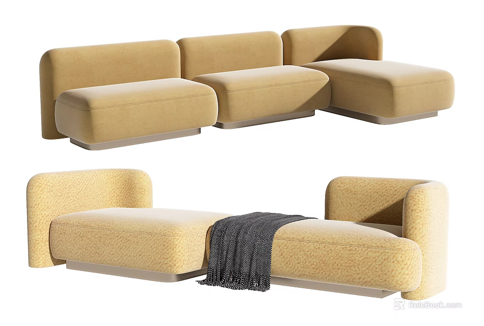 Modern Beige Sectional Sofa With L Shape Design And Throw Blanket 3d model