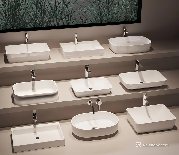Different Shaped White Bathroom Sinks With Modern Faucets On Display Shelves 3d model 
