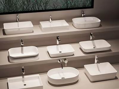 Different Shaped White Bathroom Sinks With Modern Faucets On Display Shelves 3d model