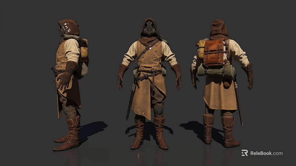 Game Movie Character 3D Model Design With Hooded Coat Backpack Sword And Front Back Views 3d model 
