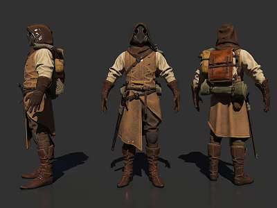 Game Movie Character 3D Model Design With Hooded Coat Backpack Sword And Front Back Views 3d model