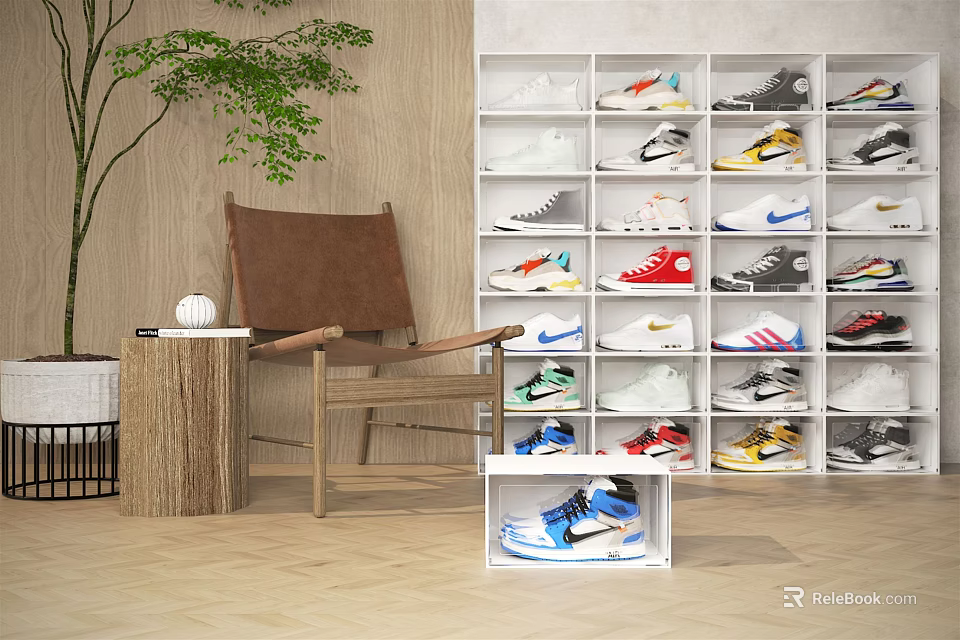 Modern Shoe Cabinet Displaying Various Sneakers With Wooden Floor Armchair And Potted Plant 3d model 