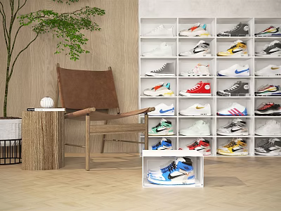 Modern Shoe Cabinet Displaying Various Sneakers With Wooden Floor Armchair And Potted Plant 3d model