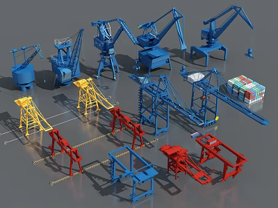 Industrial Equipment With Different Colored Cranes Mechanical Structures And Containers 3d model