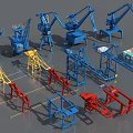 Industrial Equipment With Different Colored Cranes Mechanical Structures And Containers
