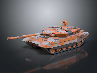 Modern Military Tank With Orange Camouflage Tracked Wheels And Front Cannon 3d model