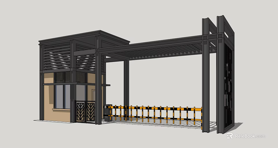 Modern Metal Gate Design With Canopy Security Booth And Front Barriers 3d model 