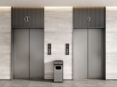 Modern Elevator Lobby With Metallic Elevators And Stone Wall 3d model