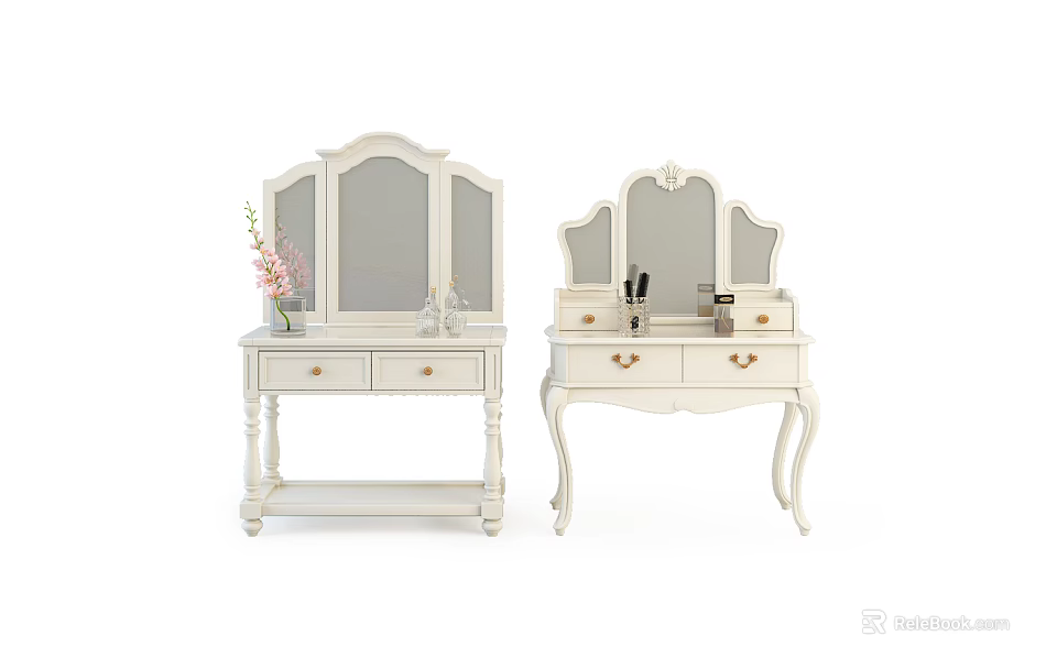 Elegant White Dressing Tables With Ornate Mirrors Drawers Flower Vase And Cosmetics 3d model 