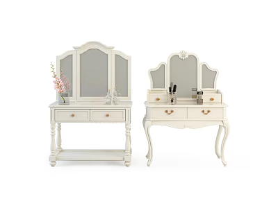 Elegant White Dressing Tables With Ornate Mirrors Drawers Flower Vase And Cosmetics 3d model