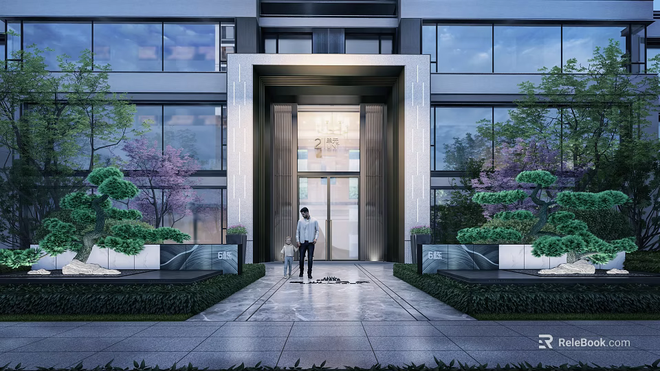 Modern Building Entrance Feature Wall With Green Plants Glass Door And Paved Ground 3d model 