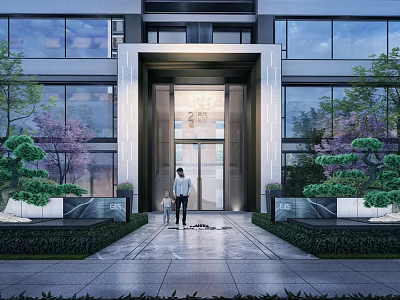 Modern Building Entrance Feature Wall With Green Plants Glass Door And Paved Ground 3d model