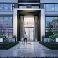Modern Building Entrance Feature Wall With Green Plants Glass Door And Paved Ground