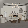 Modern Living Room Interior With Beige Sofa Fireplace Chandelier Round Decor And Green Plant