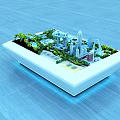 Modern Commercial Display Equipment With City Model High Rise Buildings Green Plants And Blue Lighting