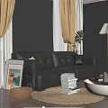 Modern Living Room Featuring Black Leather Sofa Floor To Ceiling Windows And Natural View