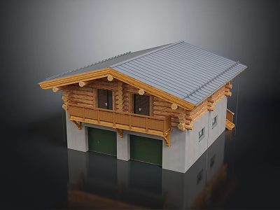Chalet Style House With Grey Roof Wooden Eaves Balcony Concrete Walls And Green Garage Doors 3d model