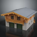 Chalet Style House With Grey Roof Wooden Eaves Balcony Concrete Walls And Green Garage Doors
