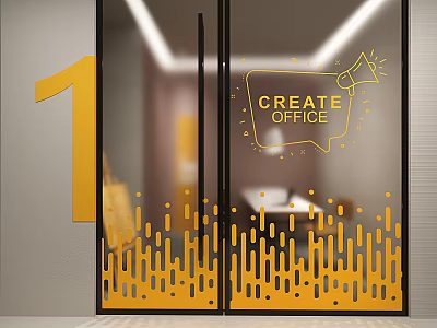 Create Office Glass Door Entrance With Yellow Number 1 And Decorative Patterns 3d model