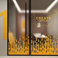 Create Office Glass Door Entrance With Yellow Number 1 And Decorative Patterns