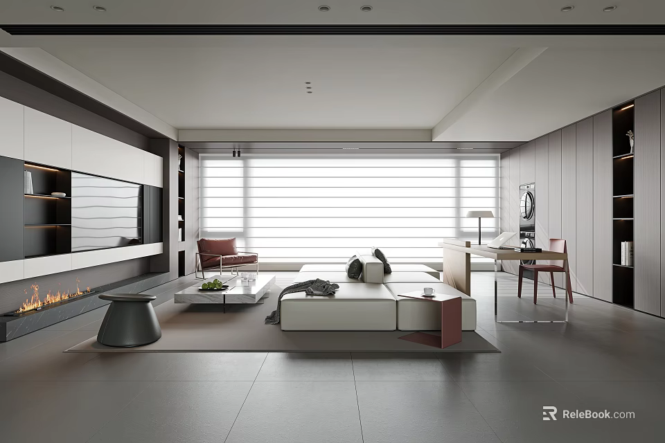 Modern Living Room Interior With Sofa Coffee Table Fireplace And Large Window 3d model 