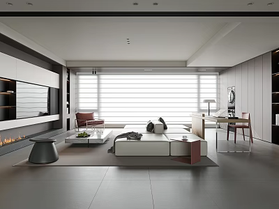 Modern Living Room Interior With Sofa Coffee Table Fireplace And Large Window 3d model