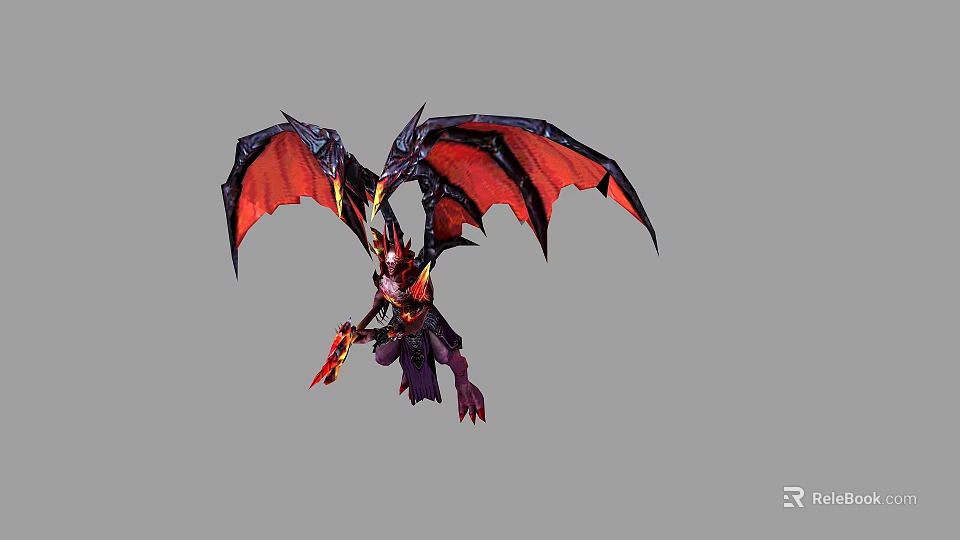 Fierce Game Fantasy Character with Red Black Demonic Wings and Horns 3d model 