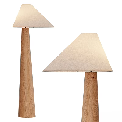 Two Modern Minimalist Floor Lamps With Fabric Conical Shades And Wooden Poles 3d model