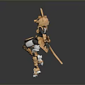 Humanoid Figure In Golden Armor With Black Details And Red Decorated Helmet Holding Axe