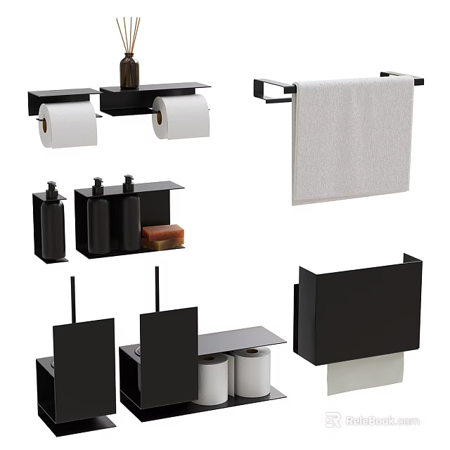 Modern Black Bathroom Accessories Including Toilet Paper Holders Towel Bars Soap Dishes And Tissue Box Holders 3d model 