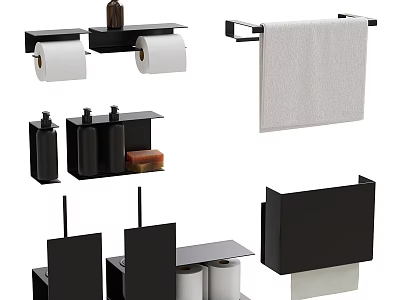 Modern Black Bathroom Accessories Including Toilet Paper Holders Towel Bars Soap Dishes And Tissue Box Holders 3d model