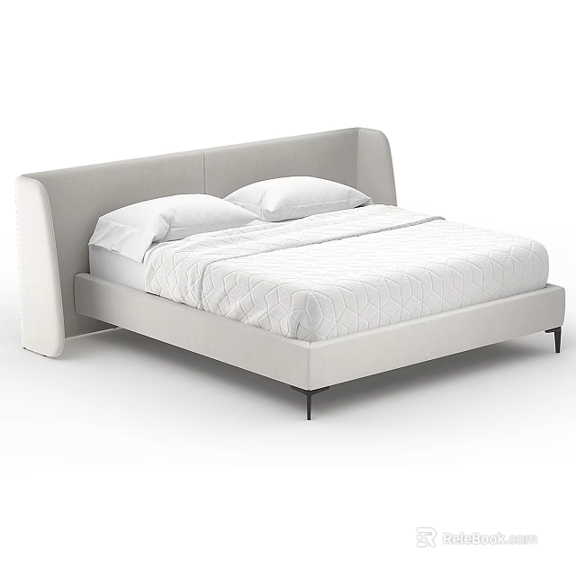 Modern Upholstered Double Bed with Grey Headboard White Geometric Sheet and Pillows on Black Legs 3d model 