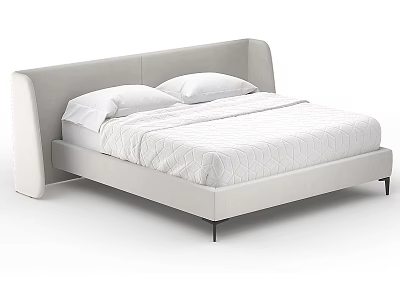 Modern Upholstered Double Bed with Grey Headboard White Geometric Sheet and Pillows on Black Legs 3d model