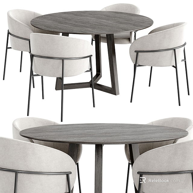 Modern Round Gray Dining Table Set With Beige Upholstered Chairs And Black Metal Legs 3d model 