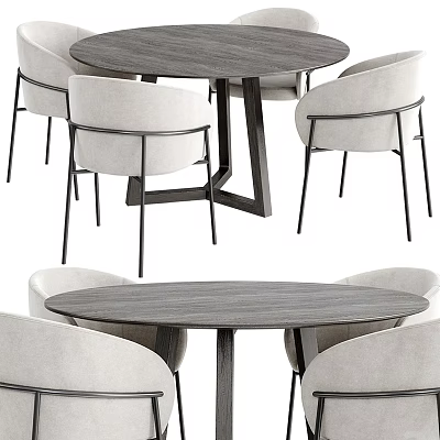 Modern Round Gray Dining Table Set With Beige Upholstered Chairs And Black Metal Legs 3d model