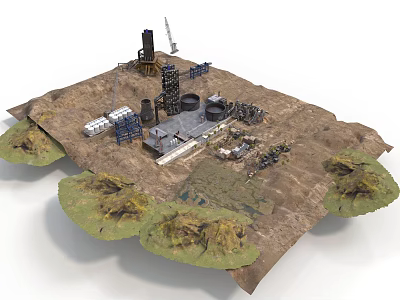 Detailed Industrial Facility Scale Model With Towers Pipes Buildings And Green Vegetation 3d model