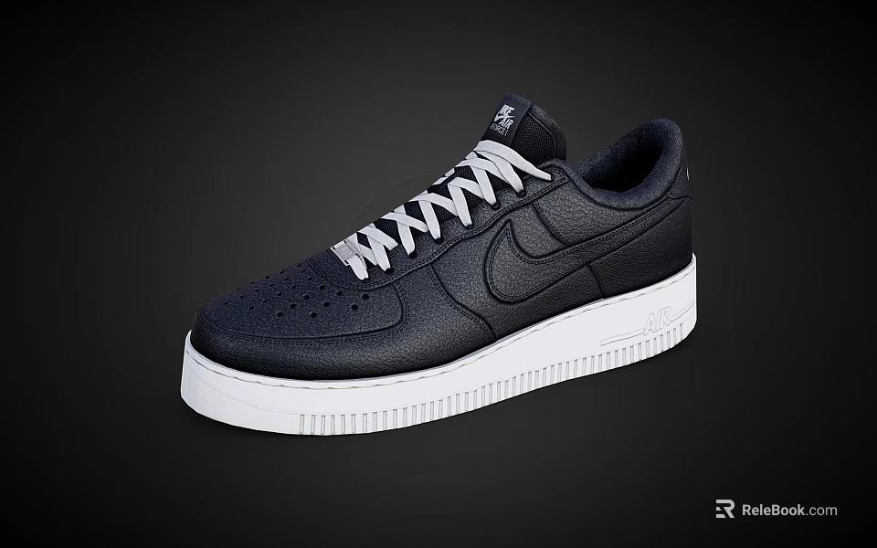 Nike Air Force 1 Black Leather Sneakers With White Sole And Gray Laces 3d model 