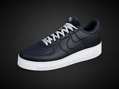 Nike Air Force 1 Black Leather Sneakers With White Sole And Gray Laces 3d model