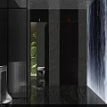 Hotel Bathroom Interior With Waterfall Backdrop Stone Landscape Dark Wooden Doors And Marble Flooring
