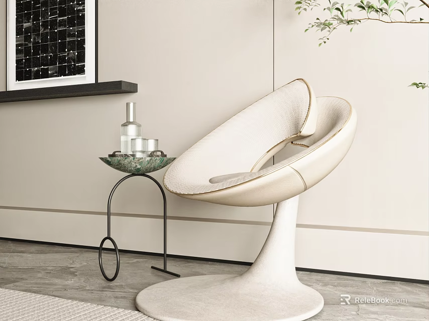 Modern Beige Leisure Chair Curved Swivel Base with Glass Side Table in Minimalist Room 3d model 